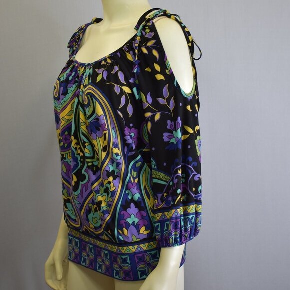 CACHE COLD SHOULDER 3/4 SLEEVES PRINTED BLOUSE ‎ SZ MD - Picture 1 of 8